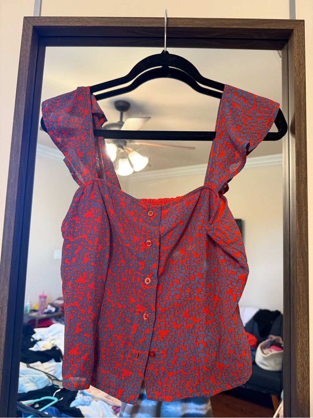 Red Floral Button-Front Square Neck Tank Top